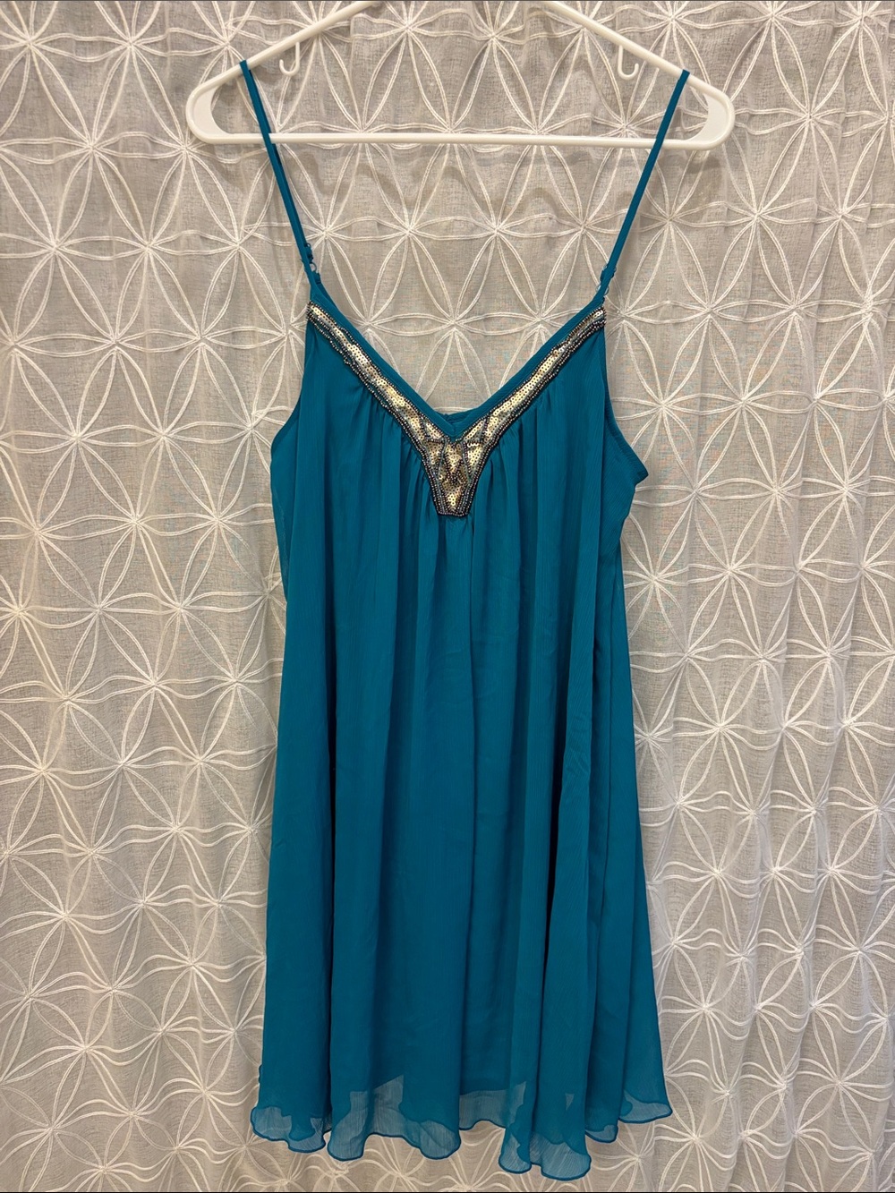 Express Teal Spaghetti-Strap Dress with Metallic Silver V Detail